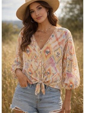 lovestitch Pastel Multi Tie-Front V-Neck Blouse